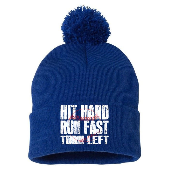 Hit Hard Run Fast Turn Left Funny Baseball Player Gift Funny Gift Pom Pom 12in Knit Beanie