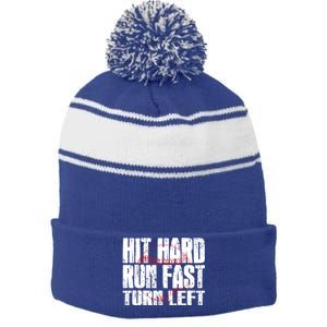 Hit Hard Run Fast Turn Left Funny Baseball Player Gift Funny Gift Stripe Pom Pom Beanie