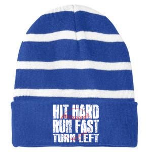 Hit Hard Run Fast Turn Left Funny Baseball Player Gift Funny Gift Striped Beanie with Solid Band