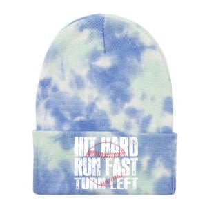 Hit Hard Run Fast Turn Left Funny Baseball Player Gift Funny Gift Tie Dye 12in Knit Beanie