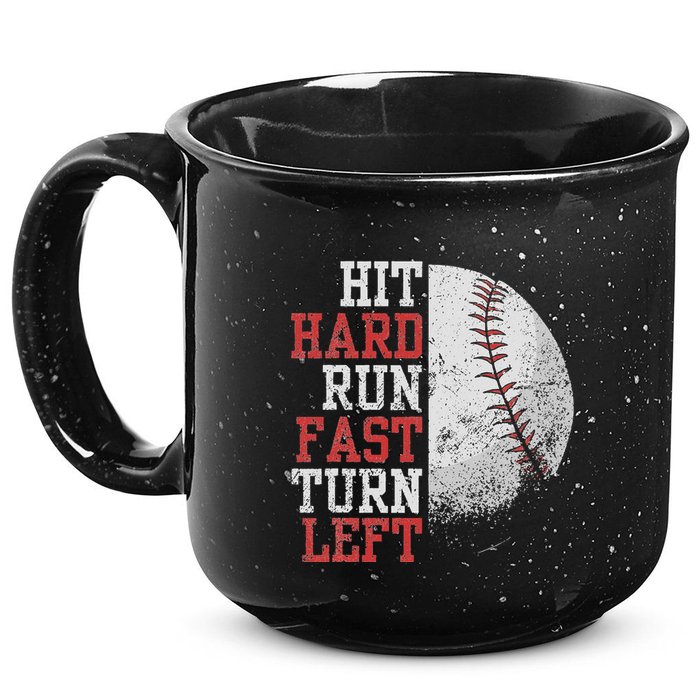 Hit Hard Run Fast Turn Left Funny Baseball Player Fan Funny 15oz Campfire Ceramic Mug