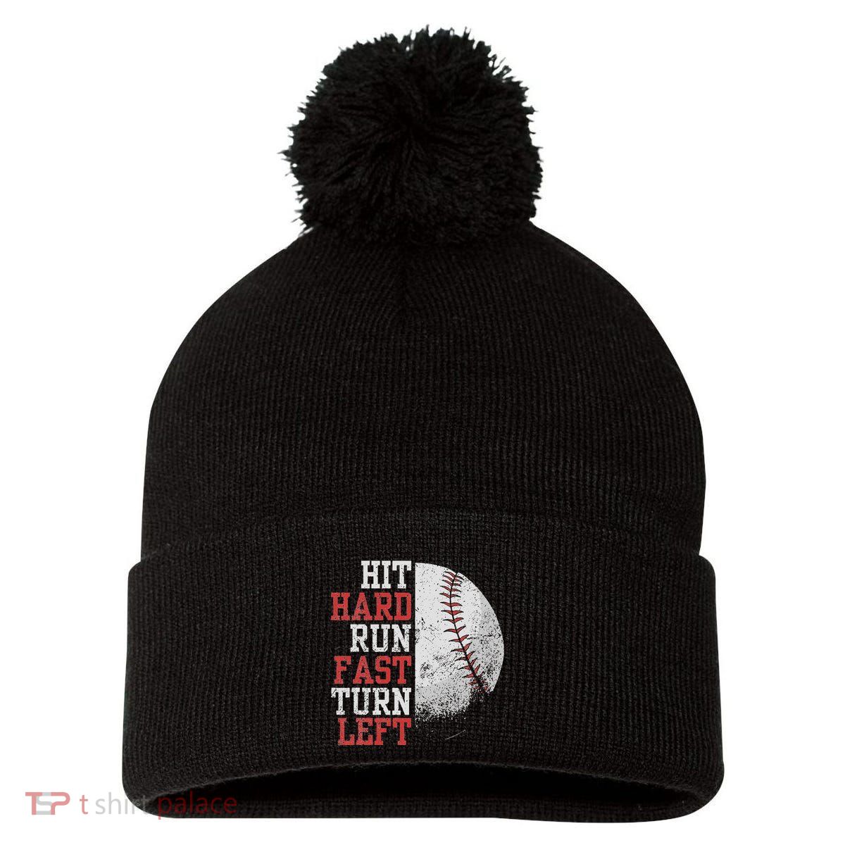 Hit Hard Run Fast Turn Left Funny Baseball Player Fan Funny Pom Pom 12in Knit Beanie