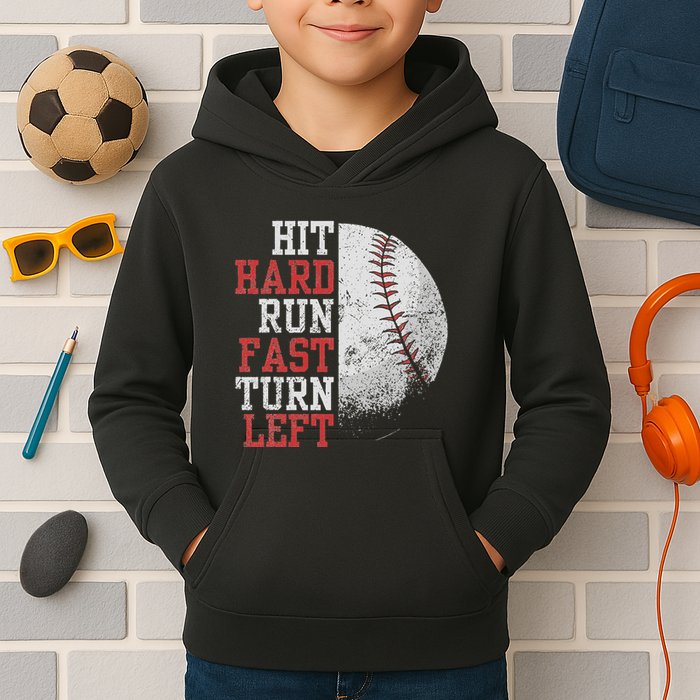 Hit Hard Run Fast Turn Left Funny Baseball Player Fan Funny Kids Hoodie
