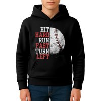 Hit Hard Run Fast Turn Left Funny Baseball Player Fan Funny Kids Hoodie