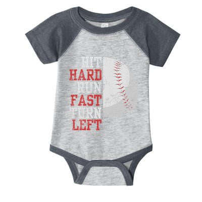 Hit Hard Run Fast Turn Left Funny Baseball Player Fan Funny Infant Baby Jersey Bodysuit