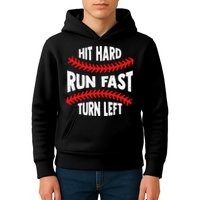 Hit Hard Run Fast Turn Left For A Baseball Player Kids Hoodie