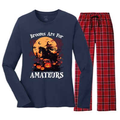 Halloween Horse Riding Lover Brooms Are For Amateurs Funny Women's Long Sleeve Flannel Pajama Set 