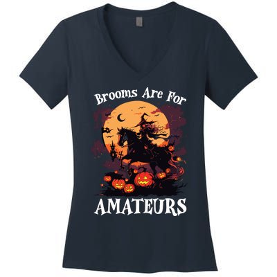 Halloween Horse Riding Lover Brooms Are For Amateurs Funny Women's V-Neck T-Shirt