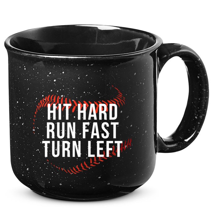 Hit Hard Run Fast Turn Left Funny Baseball Player & Fan 15oz Campfire Ceramic Mug