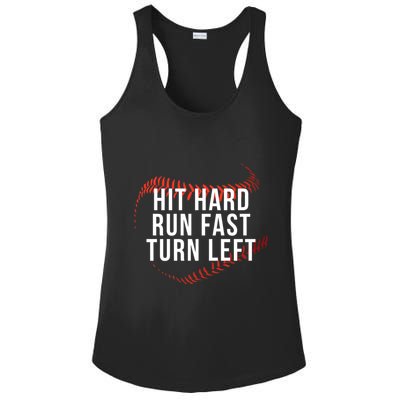Hit Hard Run Fast Turn Left Funny Baseball Player & Fan Ladies PosiCharge Competitor Racerback Tank