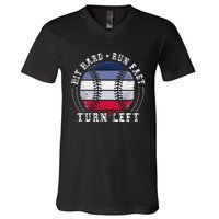 Hit Hard Run Fast Turn Left Baseball Player V-Neck T-Shirt