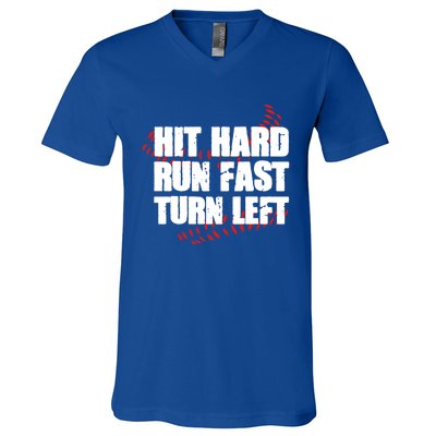 Hit Hard Run Fast Turn Left Funny Baseball Player Gift V-Neck T-Shirt