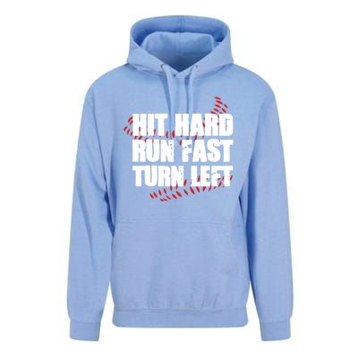 Hit Hard Run Fast Turn Left Funny Baseball Player Gift Unisex Surf Hoodie