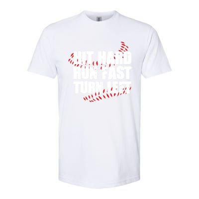 Hit Hard Run Fast Turn Left Funny Baseball Player Gift Softstyle CVC T-Shirt