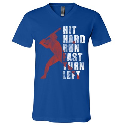Hit Hard Run Fast Turn Left Funny Baseball Player Cute Gift V-Neck T-Shirt