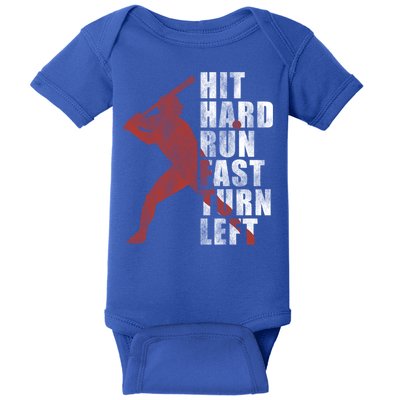 Hit Hard Run Fast Turn Left Funny Baseball Player Cute Gift Baby Bodysuit