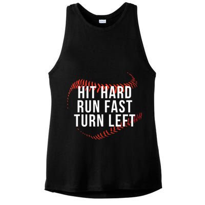 Hit Hard Run Fast Turn Left Funny Baseball Ladies PosiCharge Tri-Blend Wicking Tank