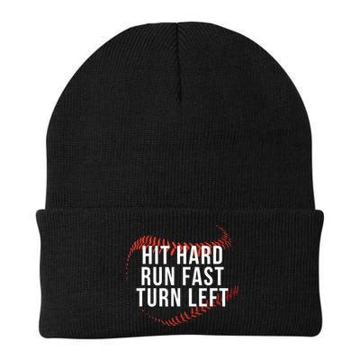 Hit Hard Run Fast Turn Left Funny Baseball Beanie