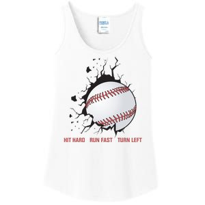 Hit Hard Run Fast Turn Left Funny Baseball Player & Fan Ladies Essential Tank