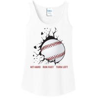 Hit Hard Run Fast Turn Left Funny Baseball Player & Fan Ladies Essential Tank