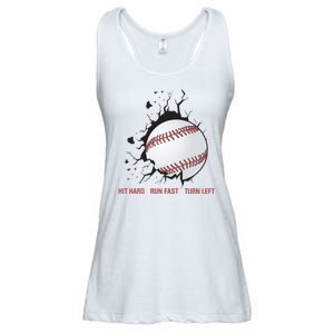 Hit Hard Run Fast Turn Left Funny Baseball Player & Fan Ladies Essential Flowy Tank