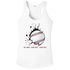 Hit Hard Run Fast Turn Left Funny Baseball Player & Fan Ladies PosiCharge Competitor Racerback Tank