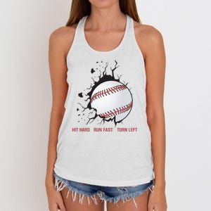 Hit Hard Run Fast Turn Left Funny Baseball Player & Fan Women's Knotted Racerback Tank