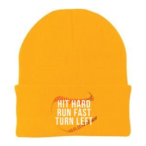 Hit Hard Run Fast Turn Left Funny Baseball Player And Fan Gift Knit Cap Winter Beanie