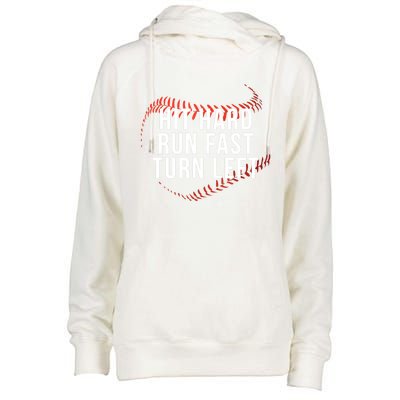 Hit Hard Run Fast Turn Left Funny Baseball Player And Fan Gift Womens Funnel Neck Pullover Hood