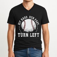 Hit Hard Run Fast Turn Left Baseball Player V-Neck T-Shirt