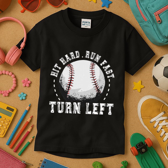 Hit Hard Run Fast Turn Left Baseball Player Kids T-Shirt