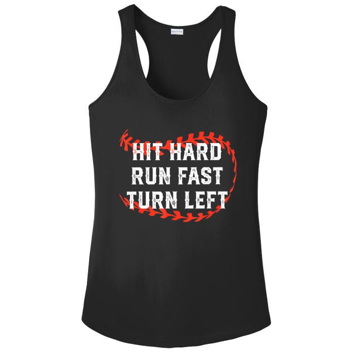 Hit Hard Run Fast Turn Left Baseball Player Fans Ladies PosiCharge Competitor Racerback Tank