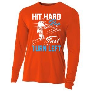 Hit Hard Run Fast Turn Left Funny Cute Baseball Player Fan Gift Cooling Performance Long Sleeve Crew