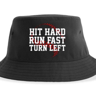 Hit Hard Run Fast Turn Left Funny Baseball Gift Sustainable Bucket Hat