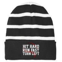 Hit Hard Run Fast Turn Left Funny Baseball Gift Striped Beanie with Solid Band