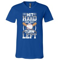 Hit Hard Run Fast Turn Lefgift Funny Baseball Funny Gift V-Neck T-Shirt