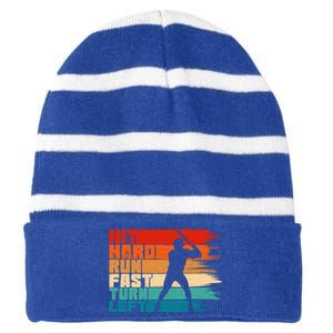 Hit Hard Run Fast Turn Left Baseball Player Funny Gift Striped Beanie with Solid Band