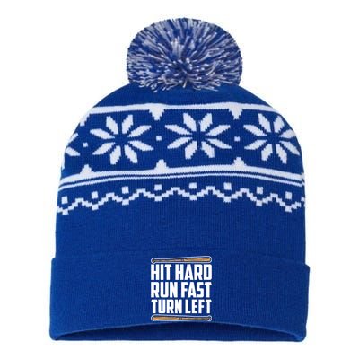 Hit Hard Run Fast Turn Left Gift Funny Baseball Player Gift Funny Gift USA-Made Snowflake Beanie