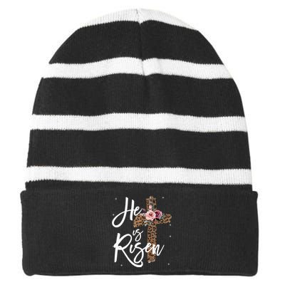 He has Risen Easter Day Jesus Cross Leopard Plus Striped Beanie with Solid Band