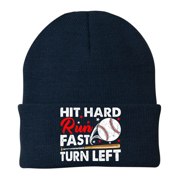 Hit Hard Run Fast Turn Left Baseball Funny Softball Knit Cap Winter Beanie