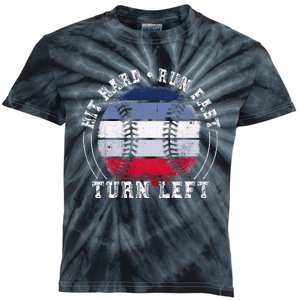 Hit Hard Run Fast Turn Left Baseball Player Kids Tie-Dye T-Shirt