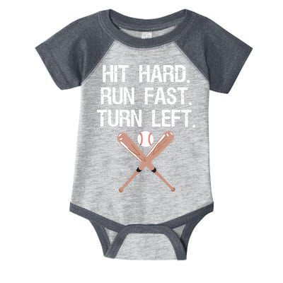 Hit Hard Run Fast Turn Left Baseball Softball Fan Infant Baby Jersey Bodysuit