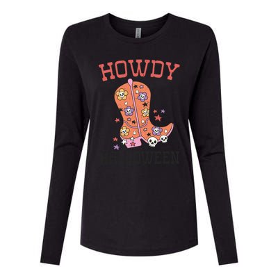 Howdy Halloween Rodeo Western Boots Skull Flower Gift Womens Cotton Relaxed Long Sleeve T-Shirt