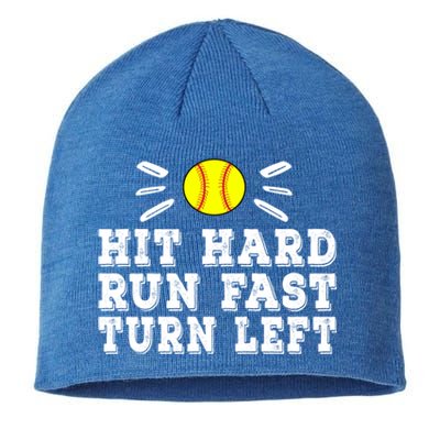 Hit Hard Run Fast Turn Left Baseball Funny Sport Training Funny Gift Sustainable Beanie