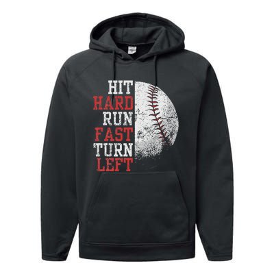 Hit Hard Run Fast Turn Left Funny Baseball Player Fan Performance Fleece Hoodie