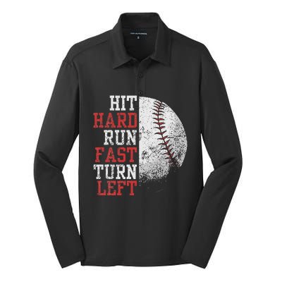 Hit Hard Run Fast Turn Left Funny Baseball Player Fan Silk Touch Performance Long Sleeve Polo