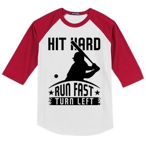 Hit Hard Run Fast Turn Left Baseball Player Softball Funny Cool Gift Kids Colorblock Raglan Jersey