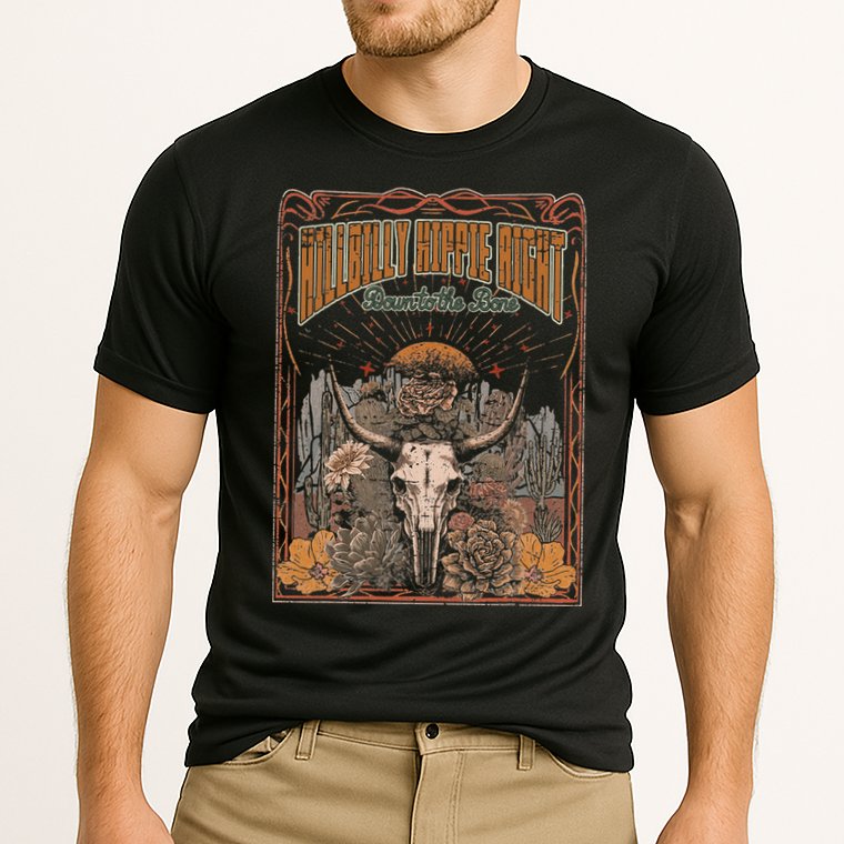 Hillbilly Hippie Right Down To The Bone Bullskull Country Cooling Performance Crew T-Shirt