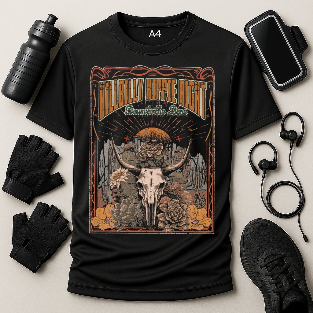 Hillbilly Hippie Right Down To The Bone Bullskull Country Cooling Performance Crew T-Shirt