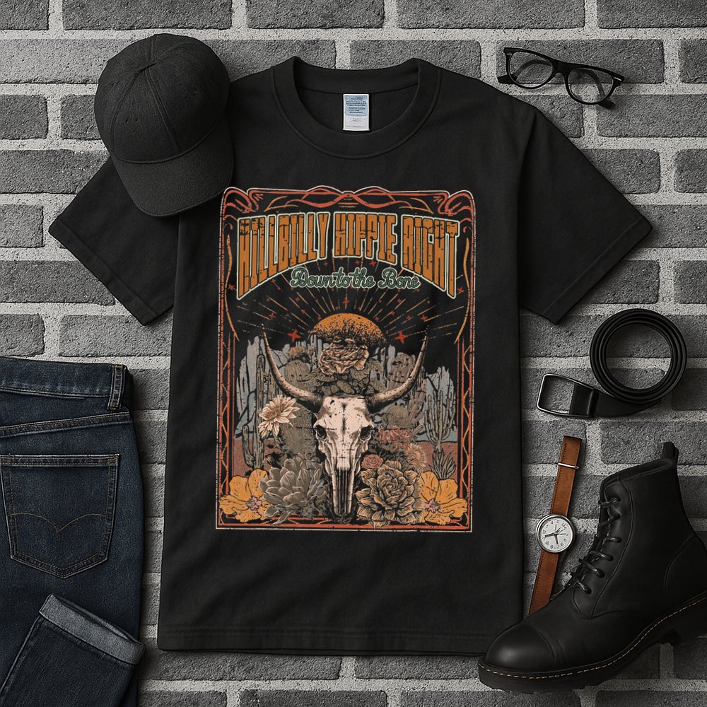 Hillbilly Hippie Right Down To The Bone Bullskull Country Tall T-Shirt